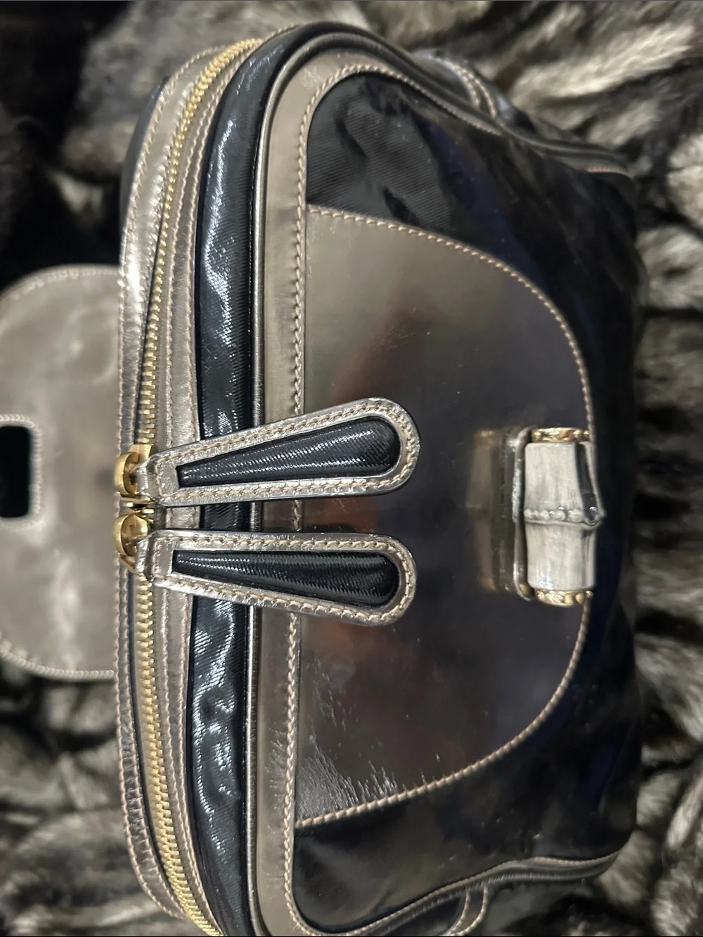 GUCCI metallic Silver and Black Top-Handle GUCCI bamboo LARGE purse